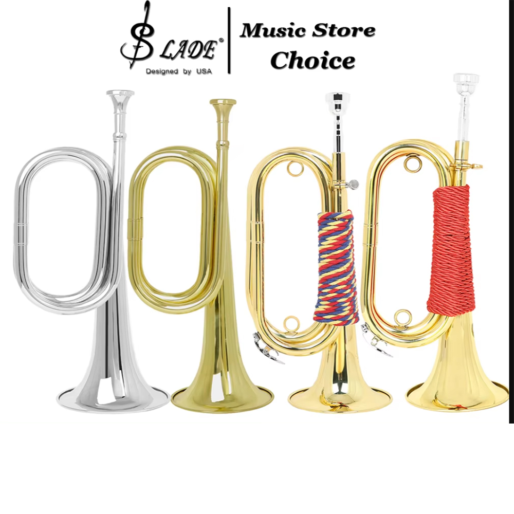 Musical Instrument Bugle - Bbミニバグルトランペット真鍮製ゴールドB♭騎兵バグルトランペット、マウスピースバッグ付き、軍事儀式、パレード、初心者、学生向け