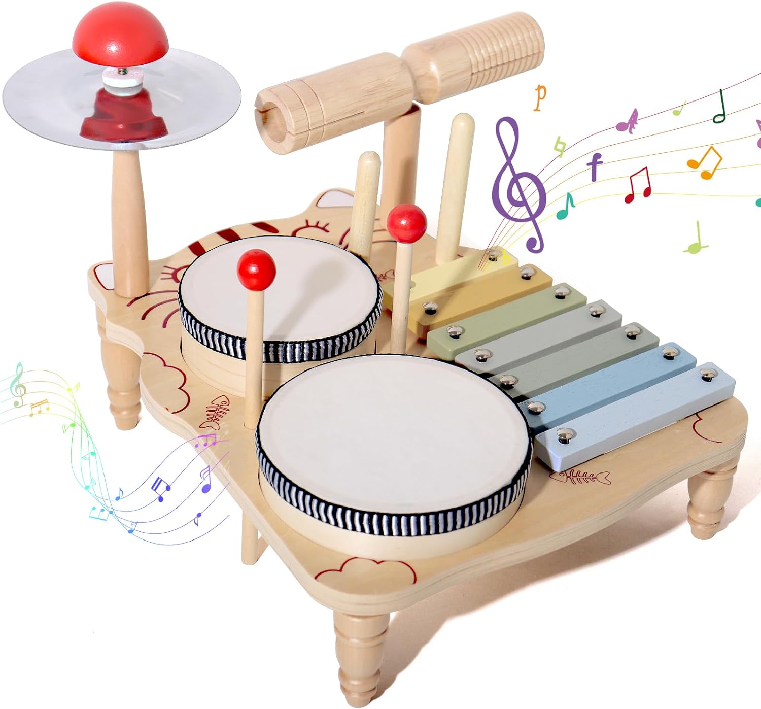 Musical Instrument Harmonium - 幼児用木製木琴ドラムセット、モンテッソーリベビー楽器おもちゃ、ドラムセット打楽器音楽おもちゃ