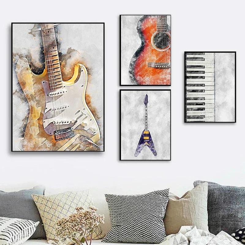 Picture Of Musical Instrument - 1pc フレームレス楽器サックスバイオリンチェロギターピアノアートポスターキャンバス壁プリント写真ルーム家の装飾