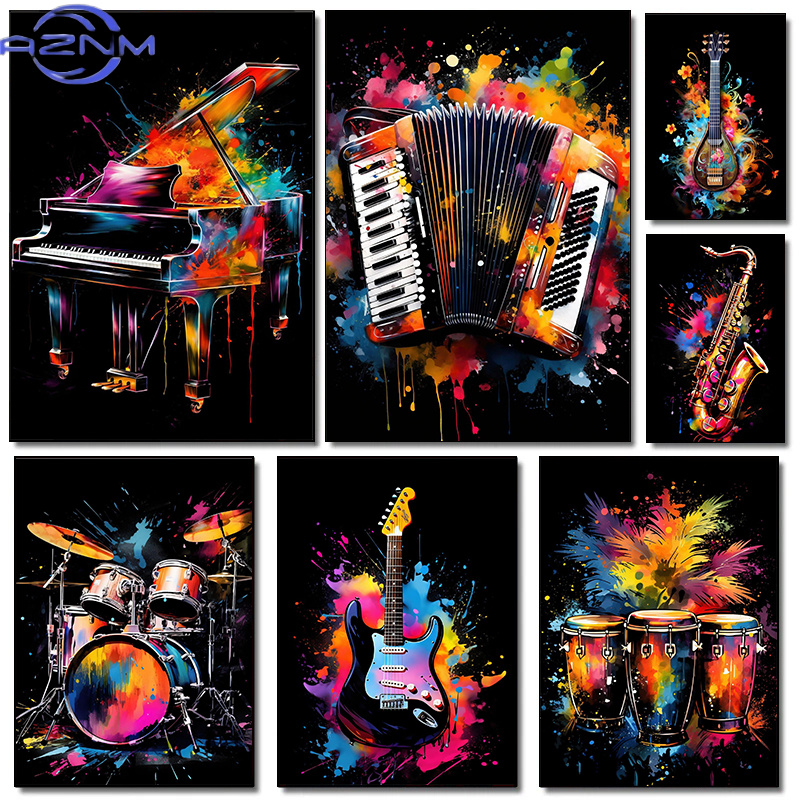 Picture Of Musical Instrument - クラシックファッション楽器ピアノギター音楽祭ポスターキャンバス絵画壁アート写真音楽スタジオ家の装飾